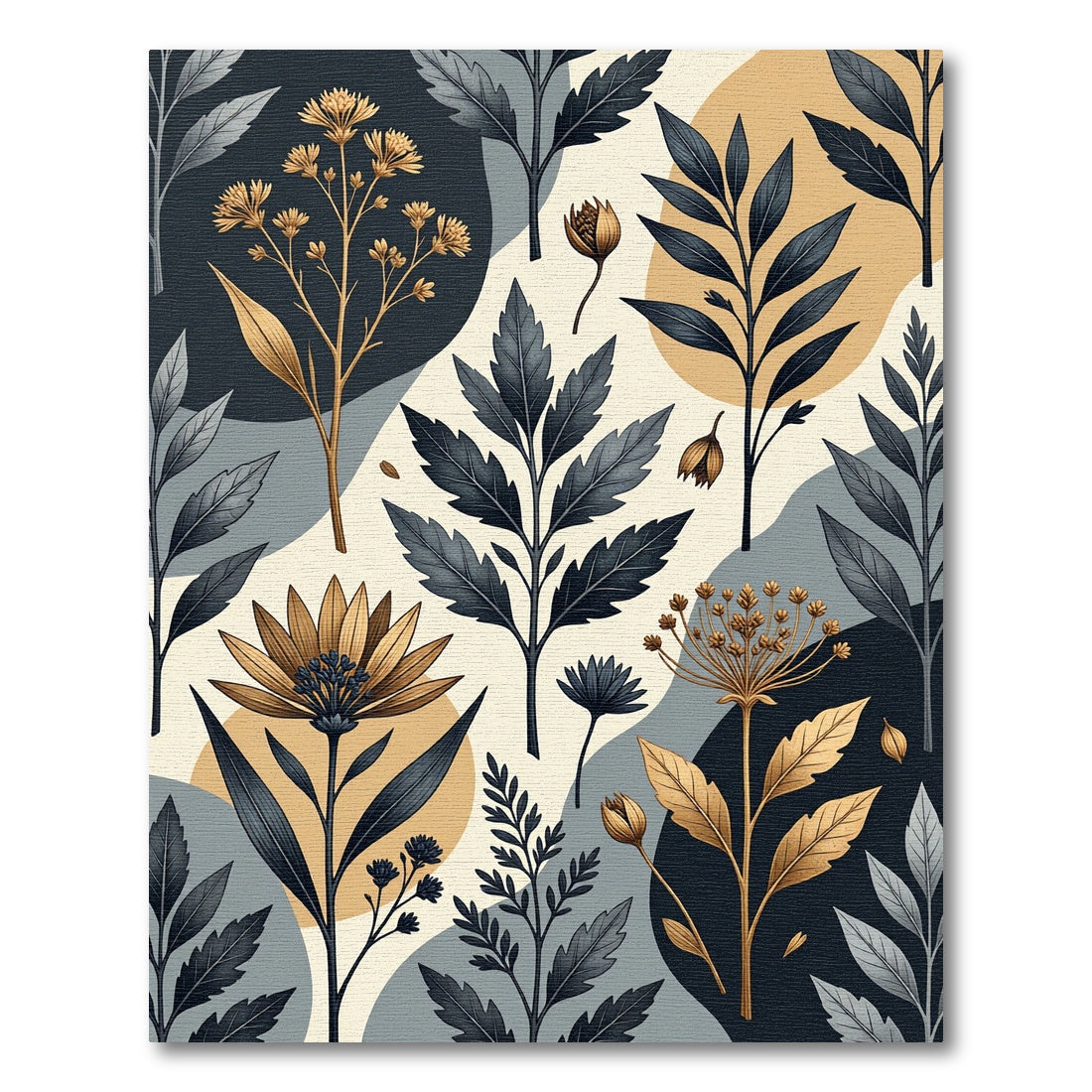 Modern Botanical Gold and Navy Foliage Rug