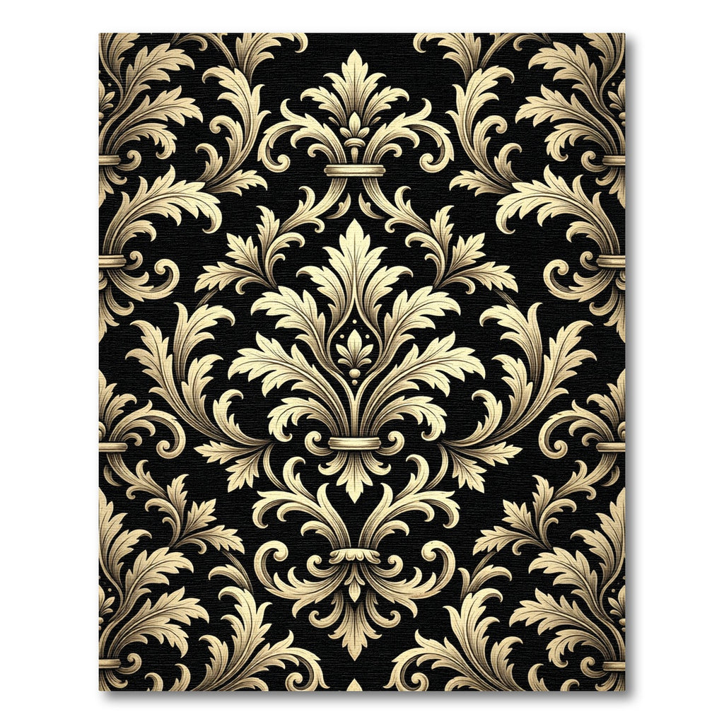 Elegant Gold Damask Black Scrollwork Rug