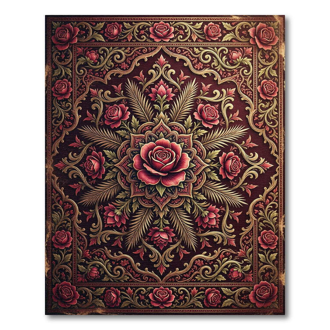 Ornate Burgundy Rose Floral Medallion Rug