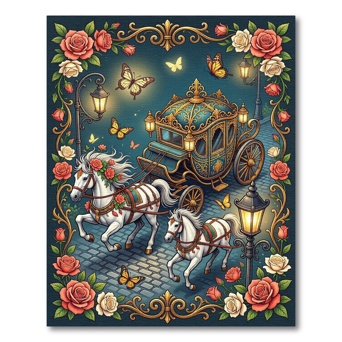 Whimsical Golden Butterfly Carriage Floral Rug