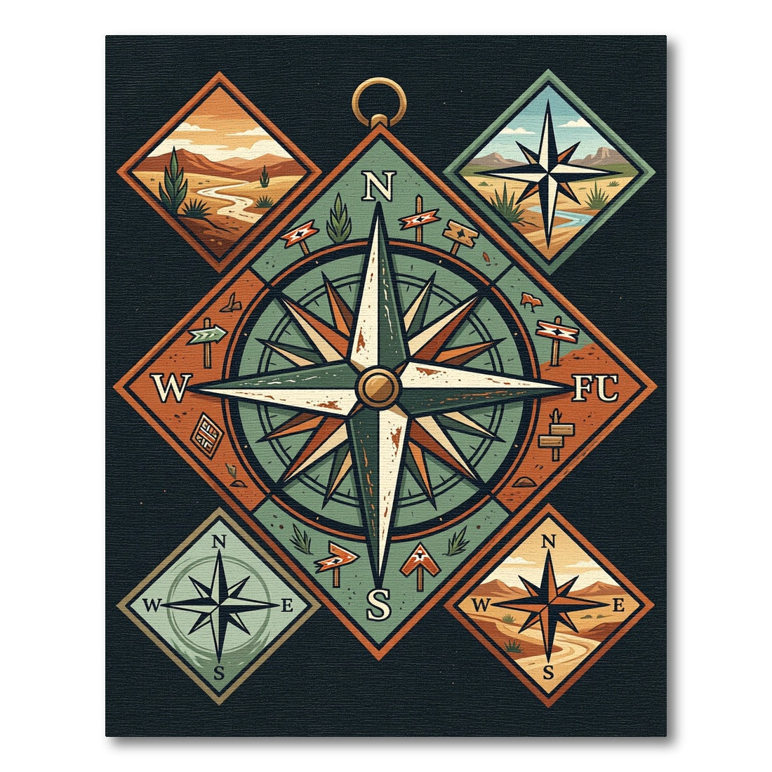 Vintage Compass Earth Tone Diamond Rug