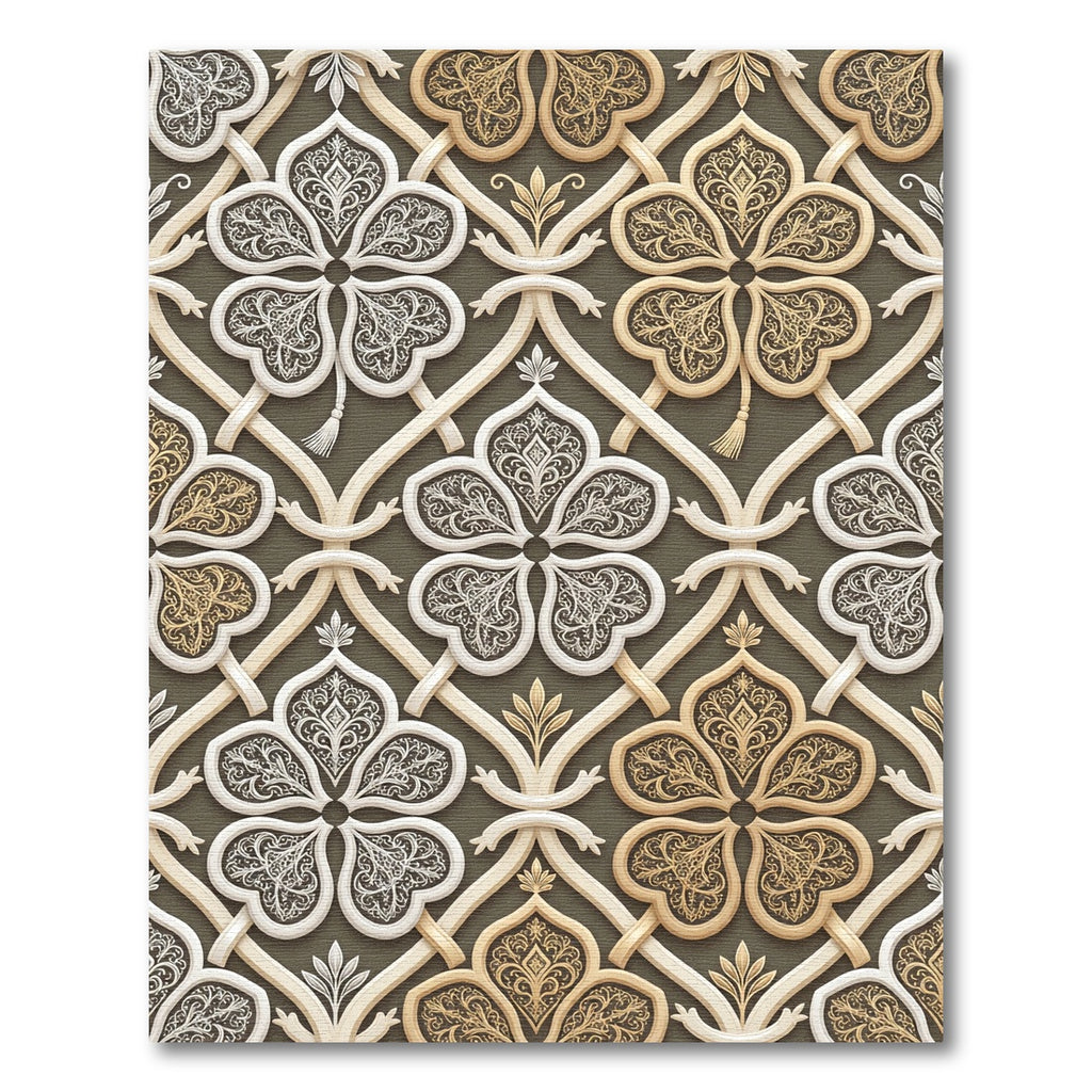Elegant Gold and Cream Damask Lattice Rug