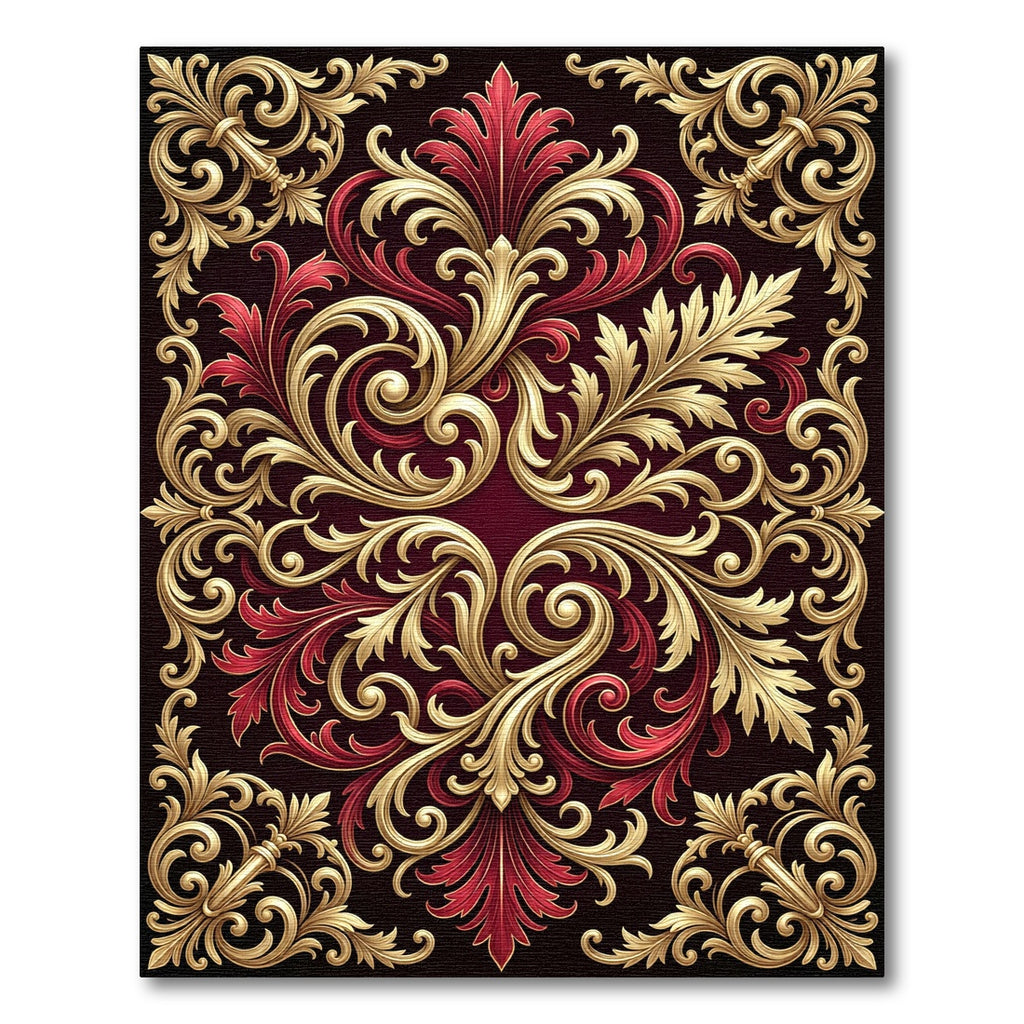 Ornate Red Golden Floral Scrollwork Rug