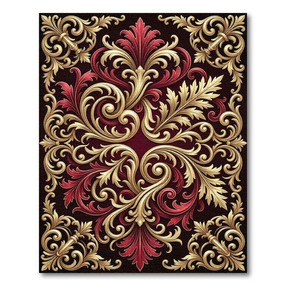 Ornate Red Golden Floral Scrollwork Rug