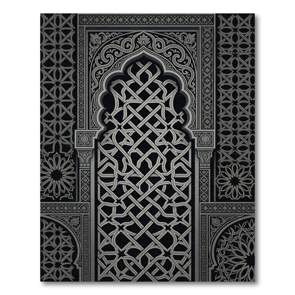 Ornate Silver Interlocking Geometric Arch Rug