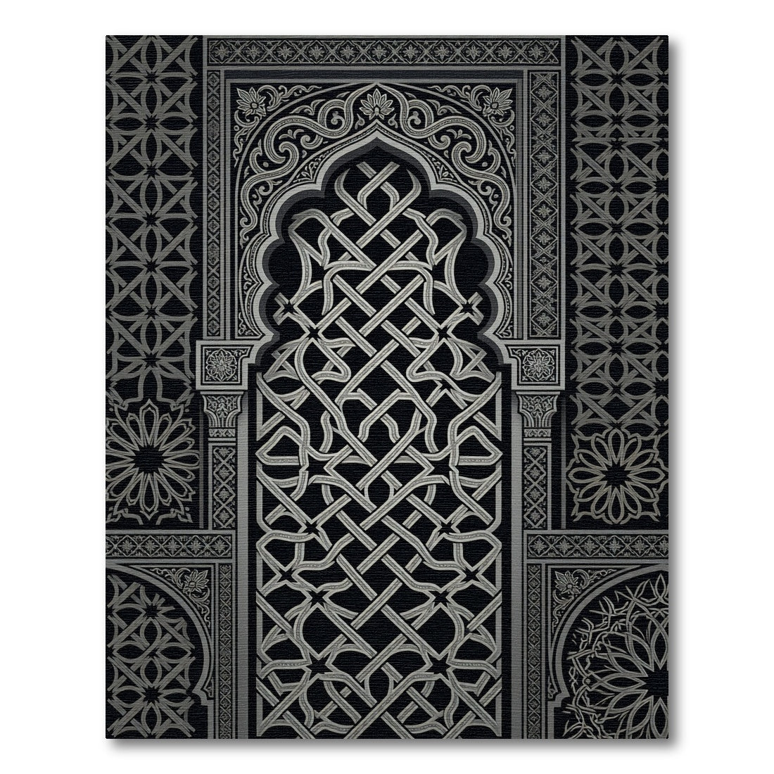 Ornate Silver Interlocking Geometric Arch Rug