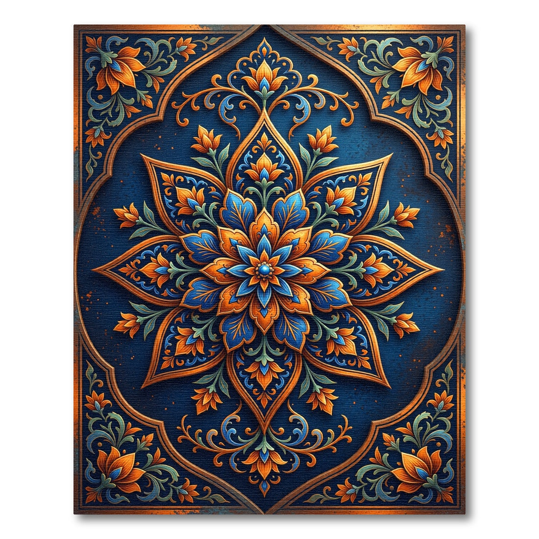 Ornate Blue Orange Floral Medallion Rug