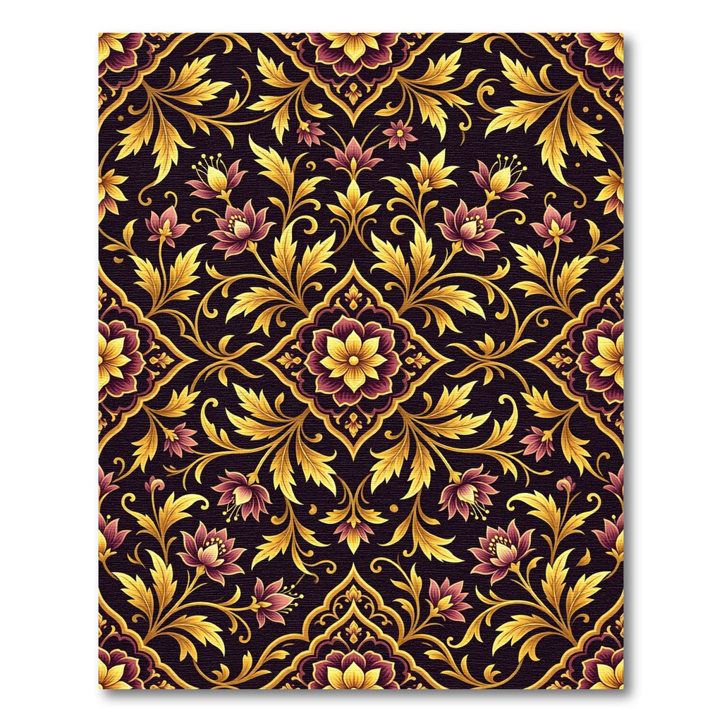Ornate Golden Floral Damask Midnight Rug