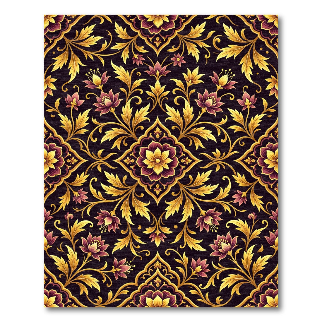 Ornate Golden Floral Damask Midnight Rug