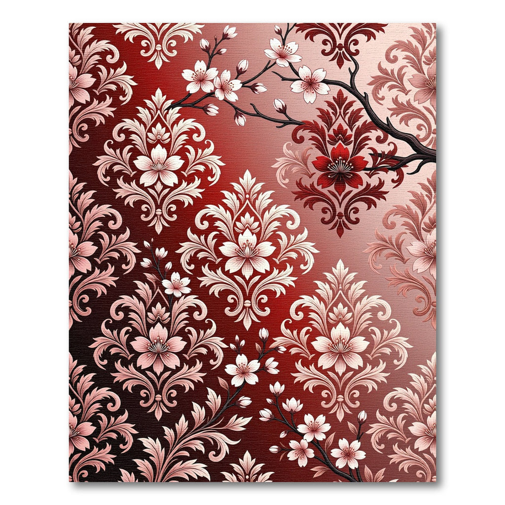 Crimson Red Floral Damask Branch Rug