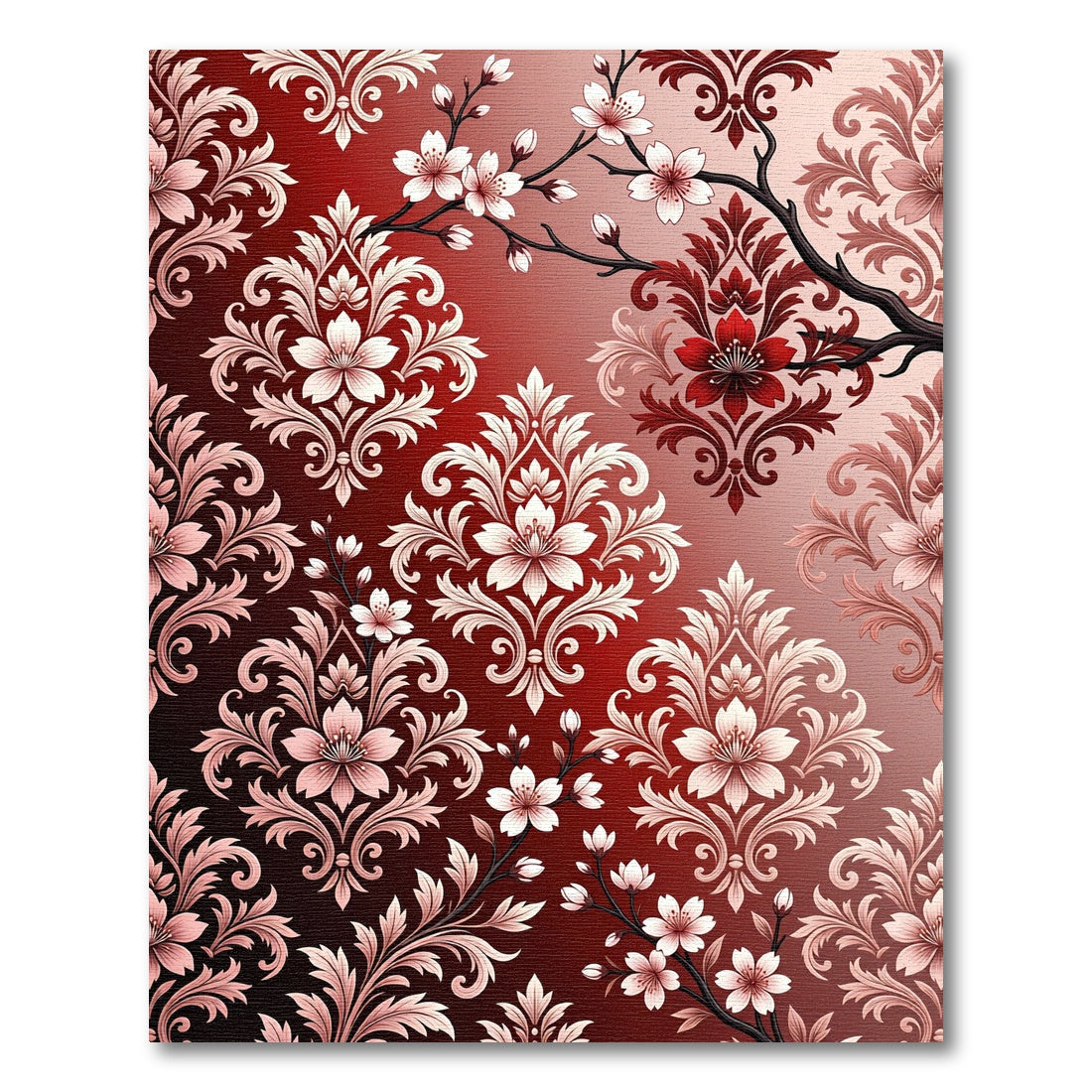 Crimson Red Floral Damask Branch Rug
