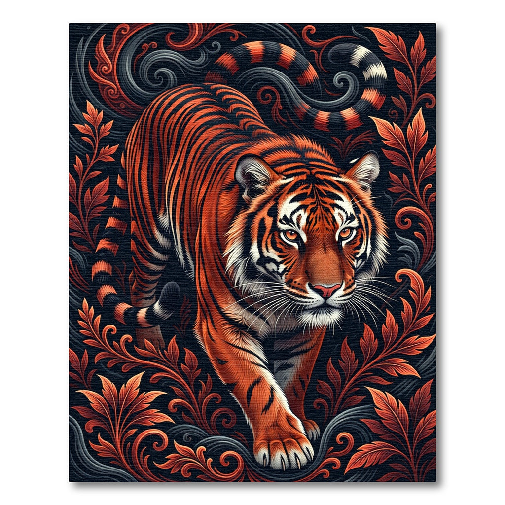 Vibrant Tiger Portrait Floral Swirl Rug
