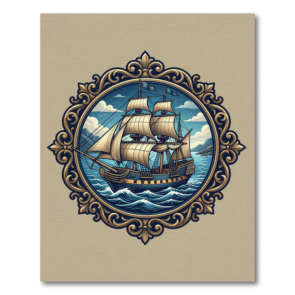 Golden Ornate Galleon Nautical Frame Rug