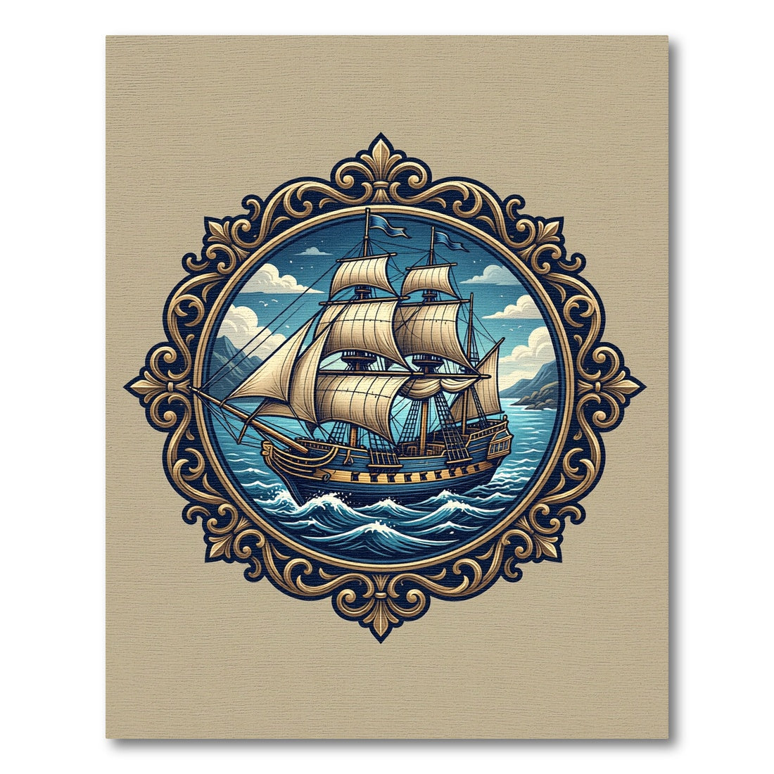 Golden Ornate Galleon Nautical Frame Rug