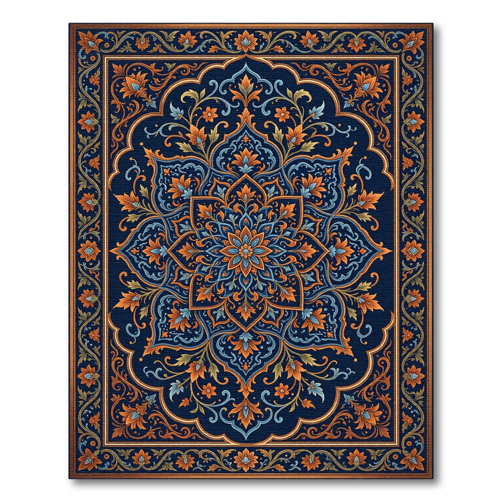Ornate Navy Blue Floral Mandala Rug