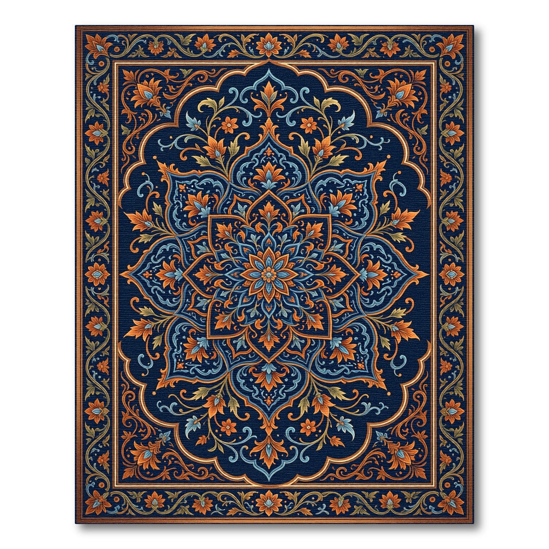 Ornate Navy Blue Floral Mandala Rug