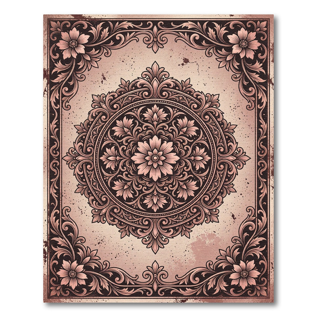 Vintage Rose Floral Medallion Frame Rug