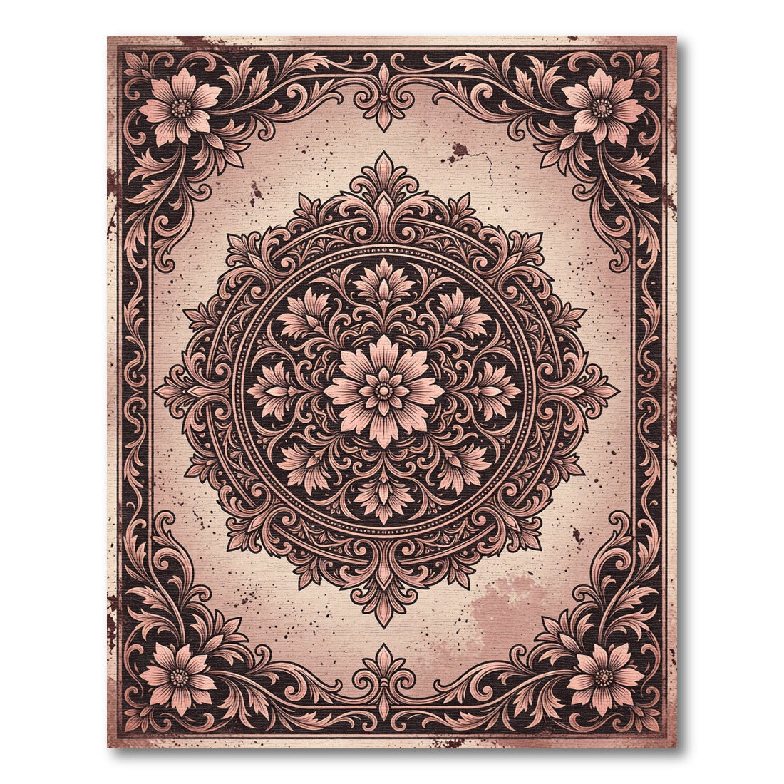 Vintage Rose Floral Medallion Frame Rug