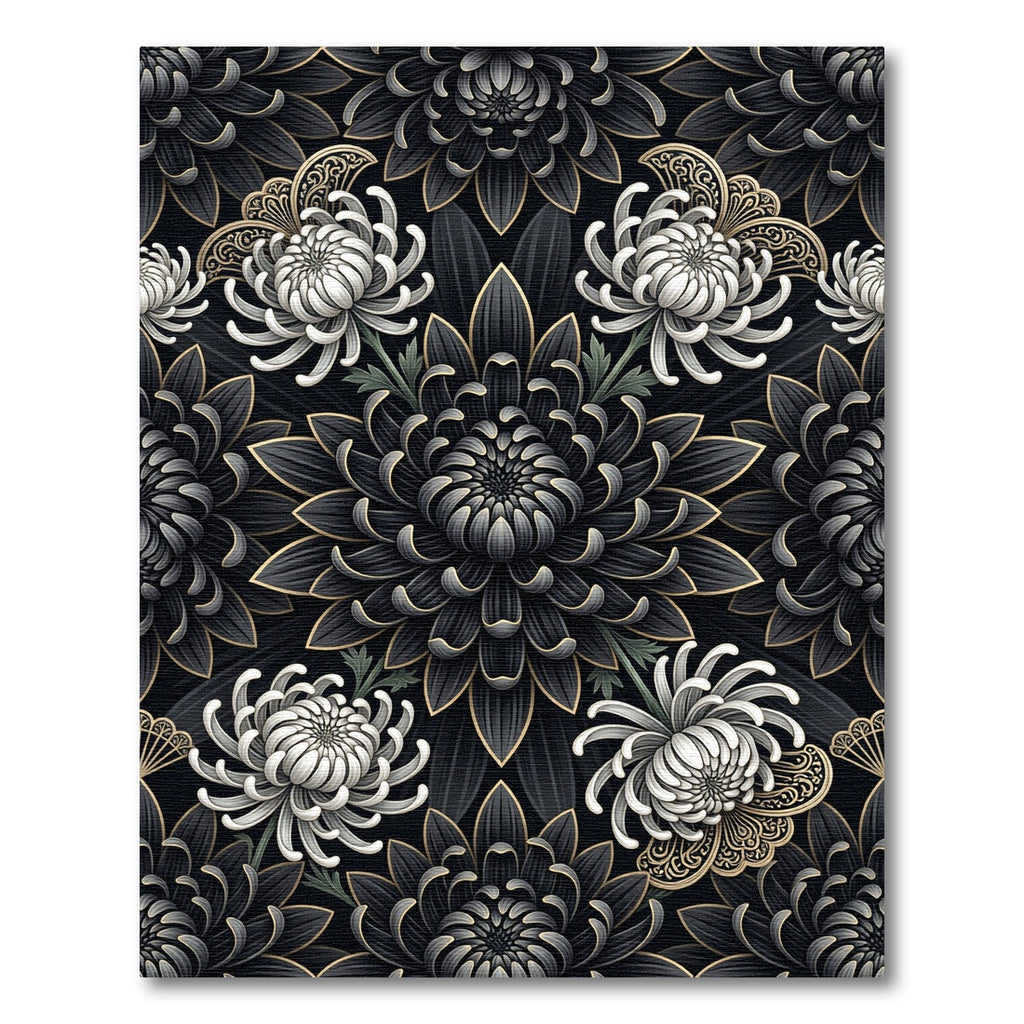 Gothic Black and White Chrysanthemum Art Rug