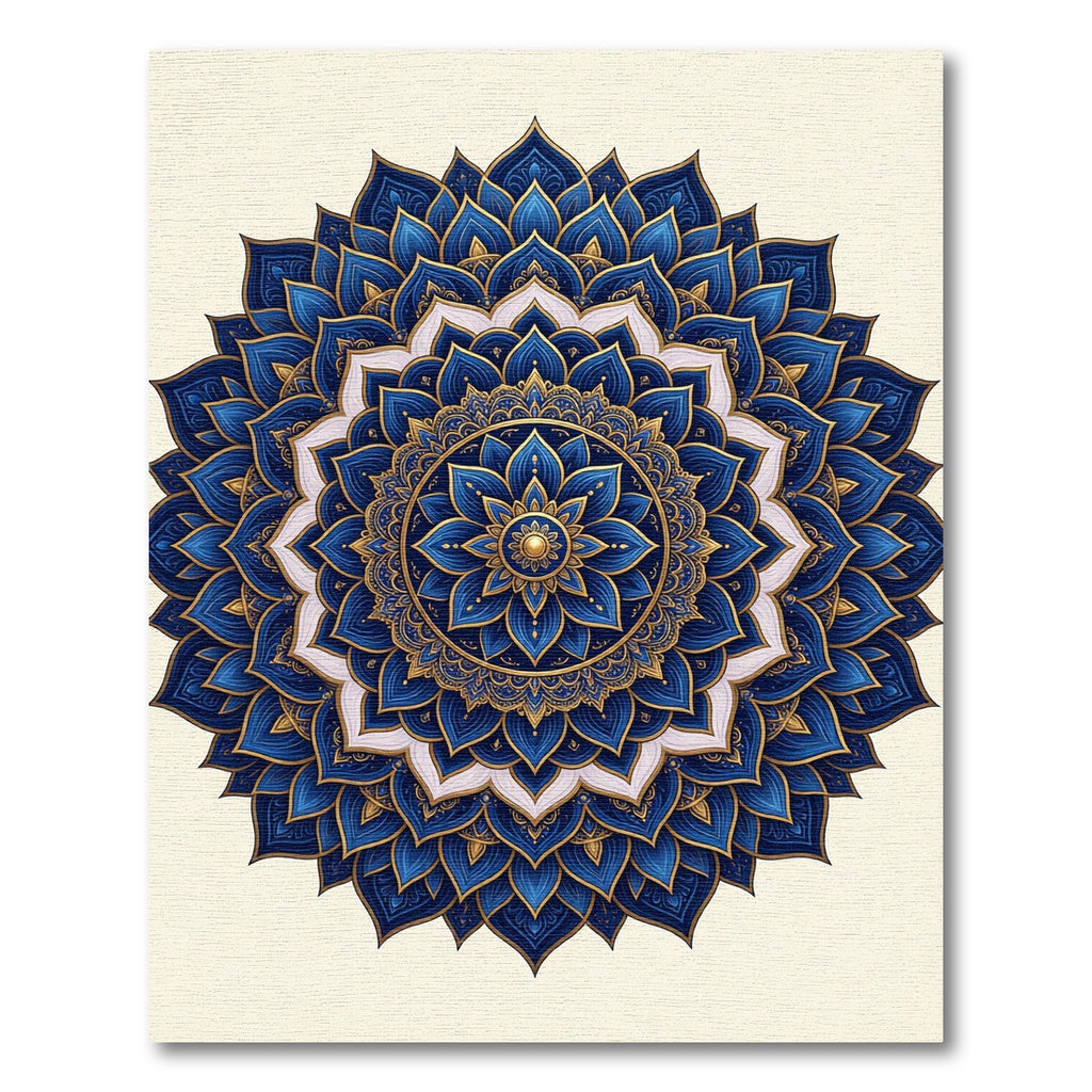 Elegant Royal Blue Gold Lotus Mandala Rug