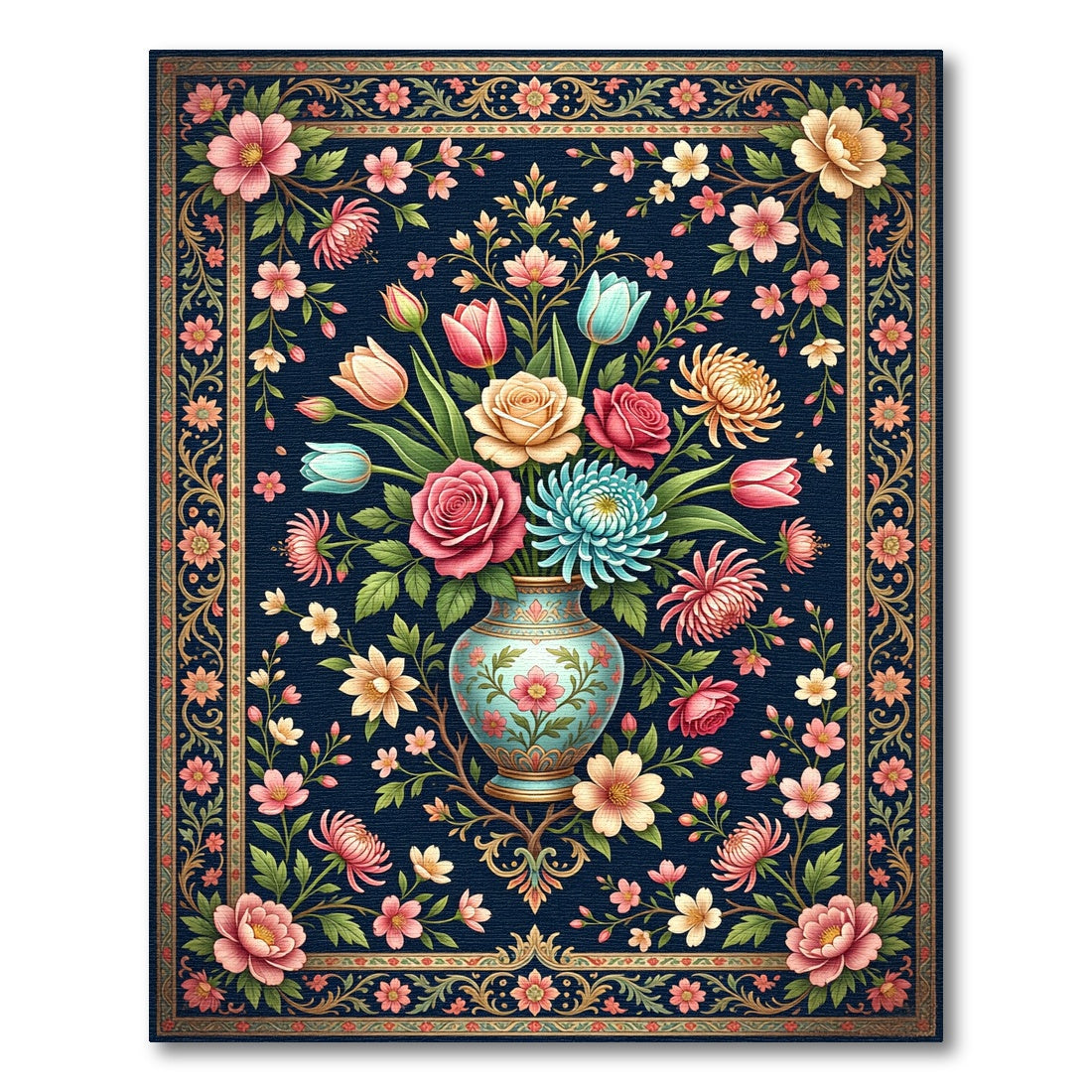 Elegant Navy Floral Bouquet Decorative Rug