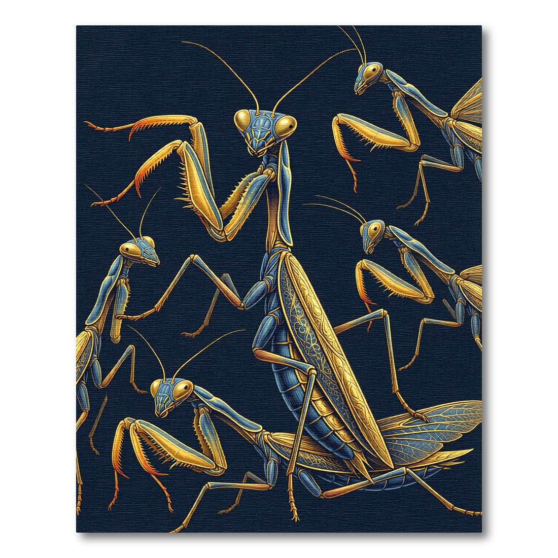Golden Mantis Blue Entomology Illustration Rug