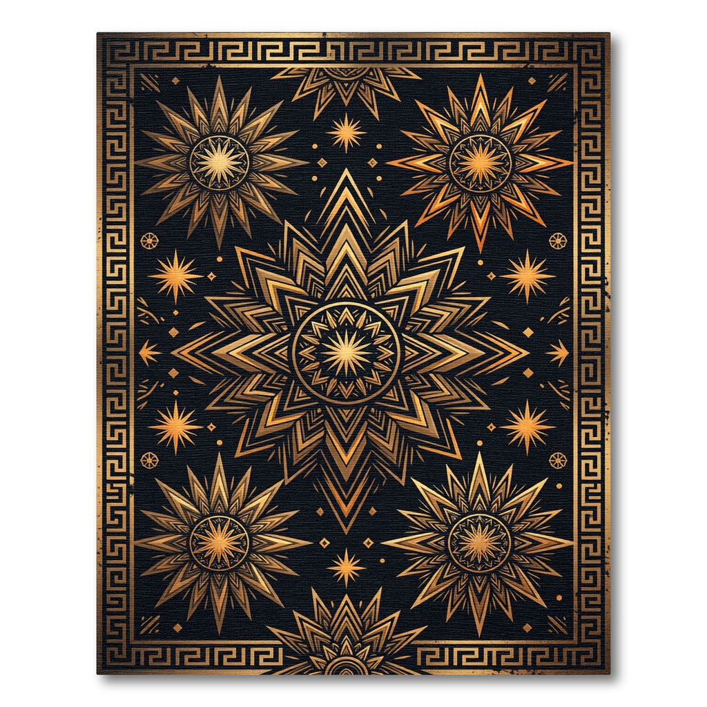 Radiant Gold Starburst Mandala Border Rug