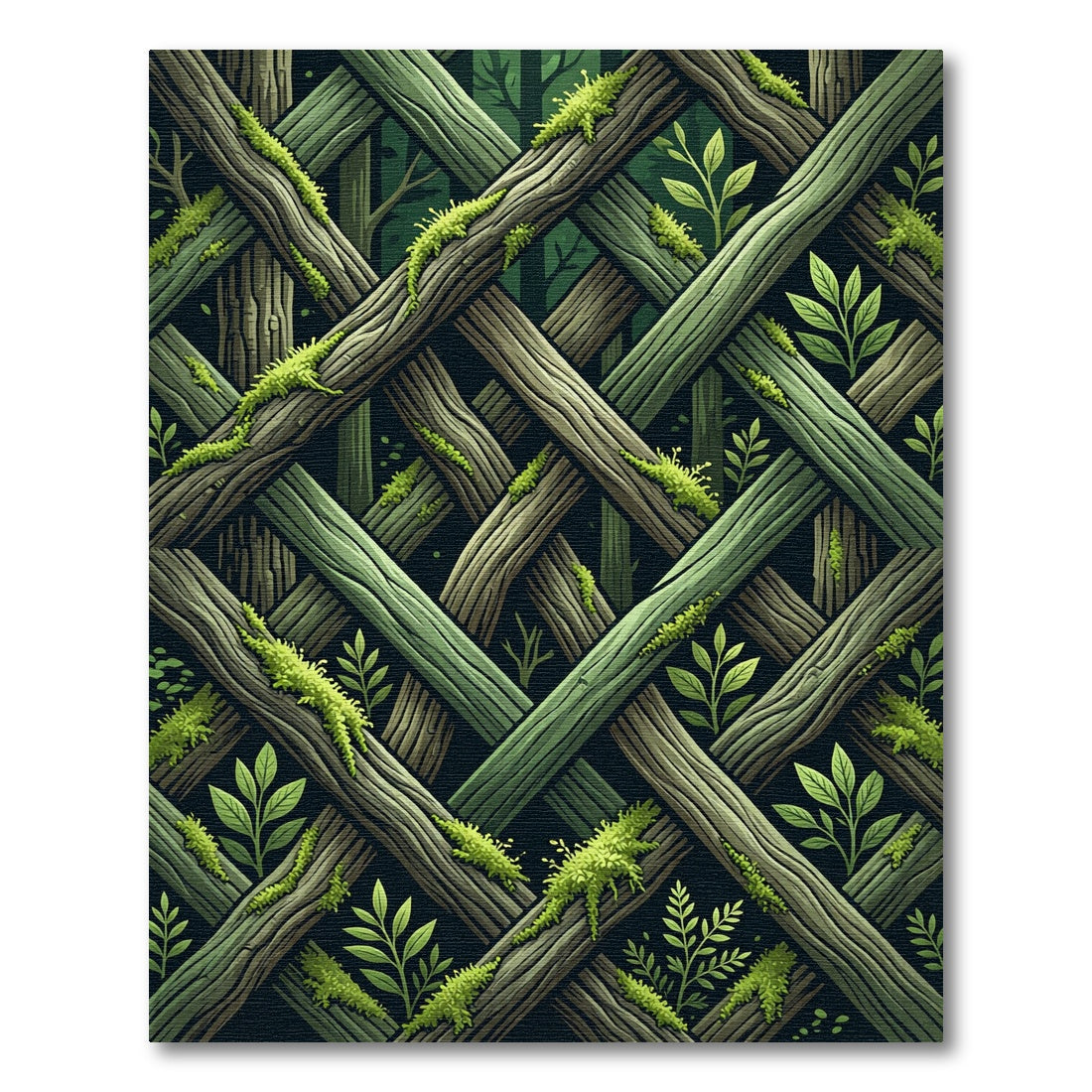 Mossy Overlapping Forest Branch Grid Rug