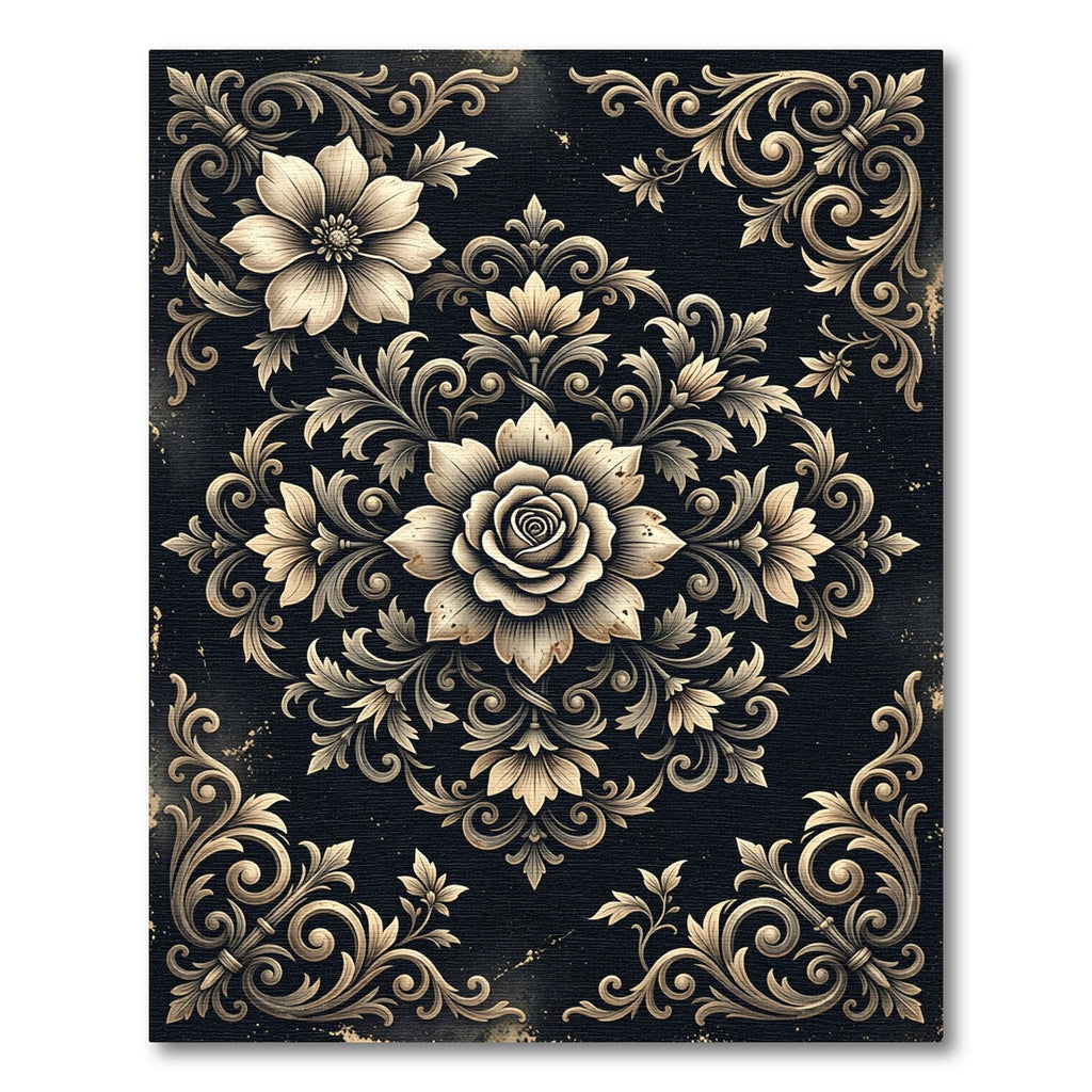 Ornate Floral Scrollwork Black Rug
