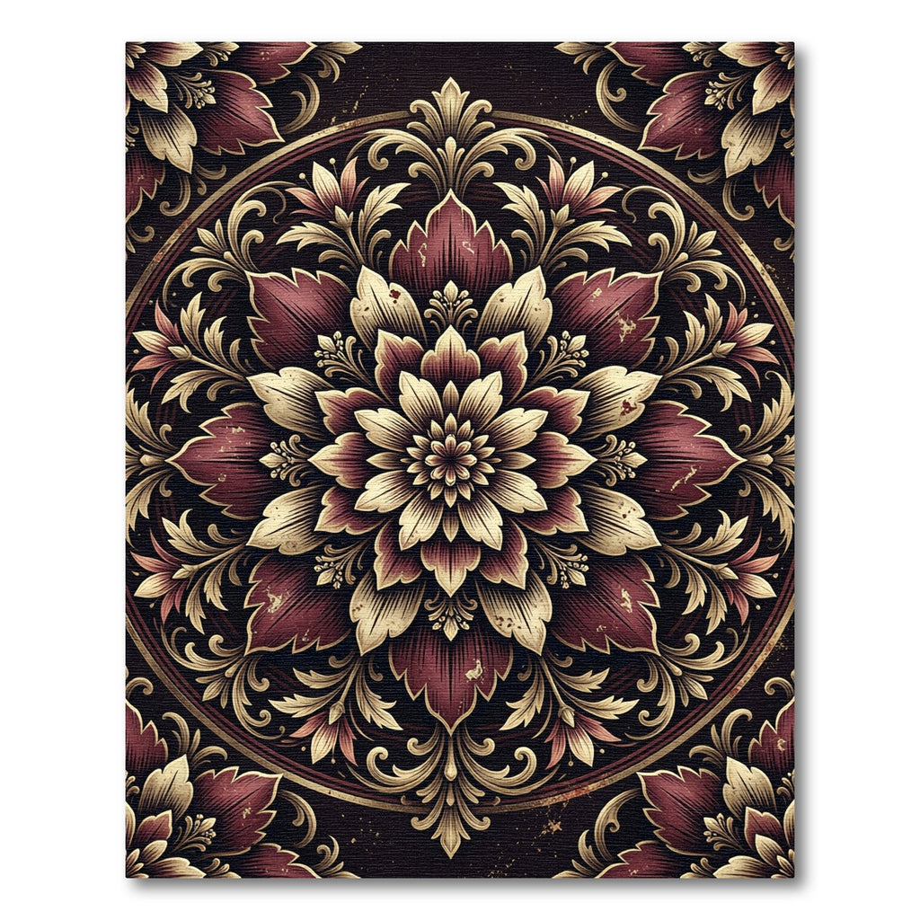 Ornate Burgundy and Gold Floral Medallion Rug