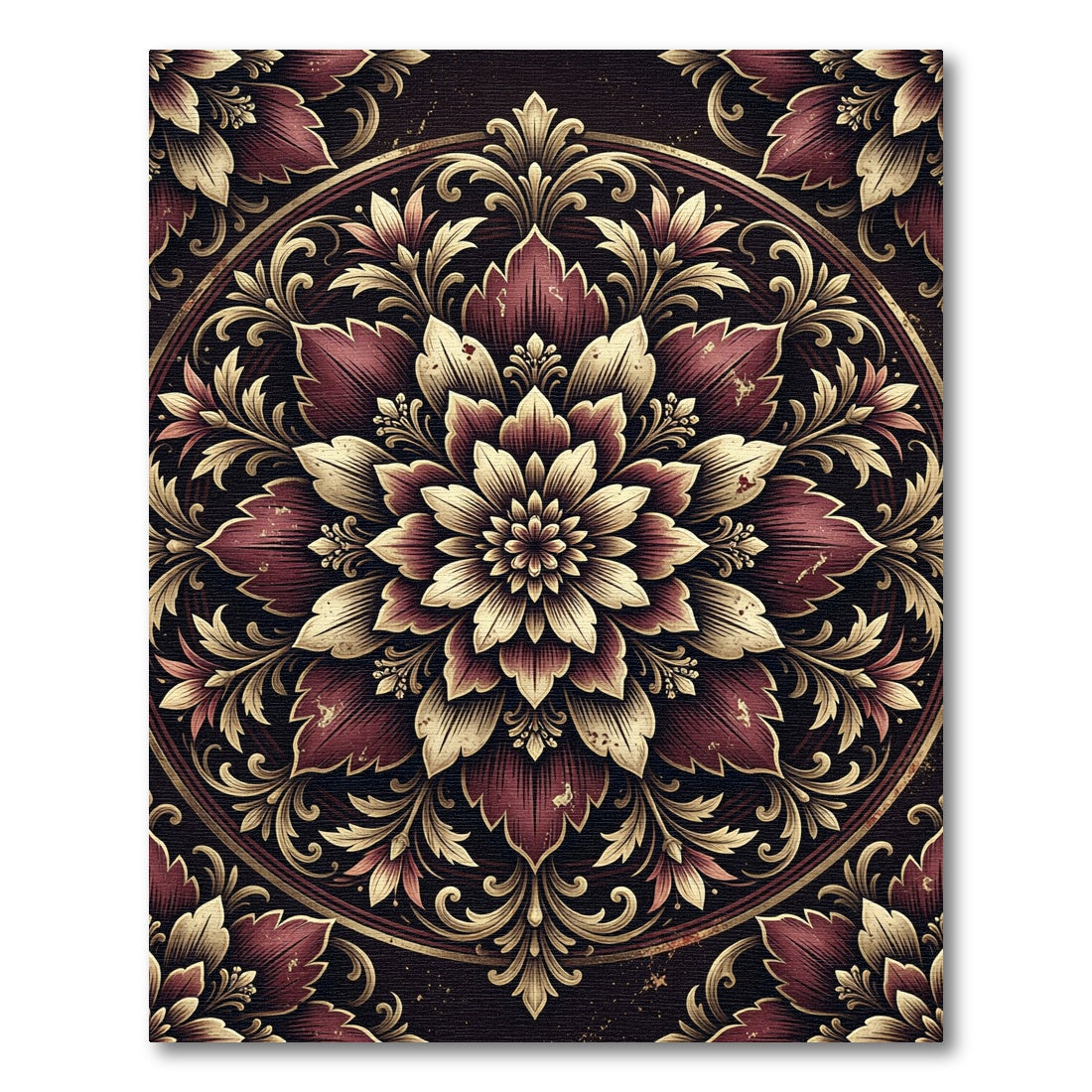 Ornate Burgundy and Gold Floral Medallion Rug