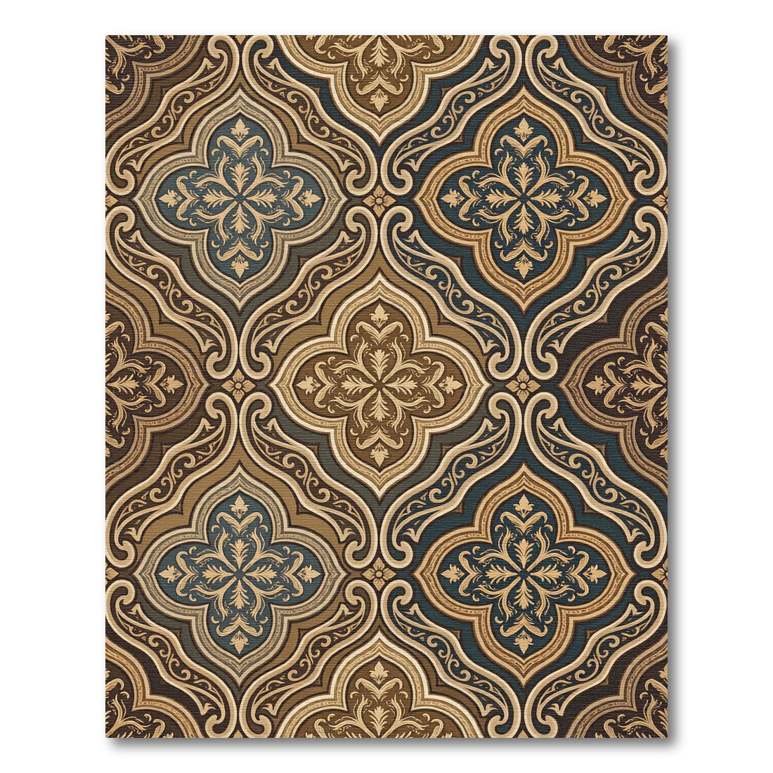 Dark Teal Gold Ornate Damask Scroll Rug