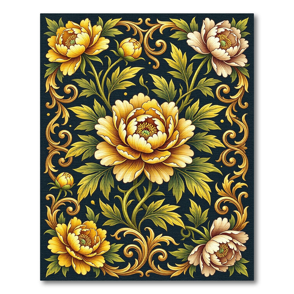 Golden Peonies with Baroque Scrollwork Rug