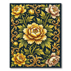 Golden Peonies with Baroque Scrollwork Rug