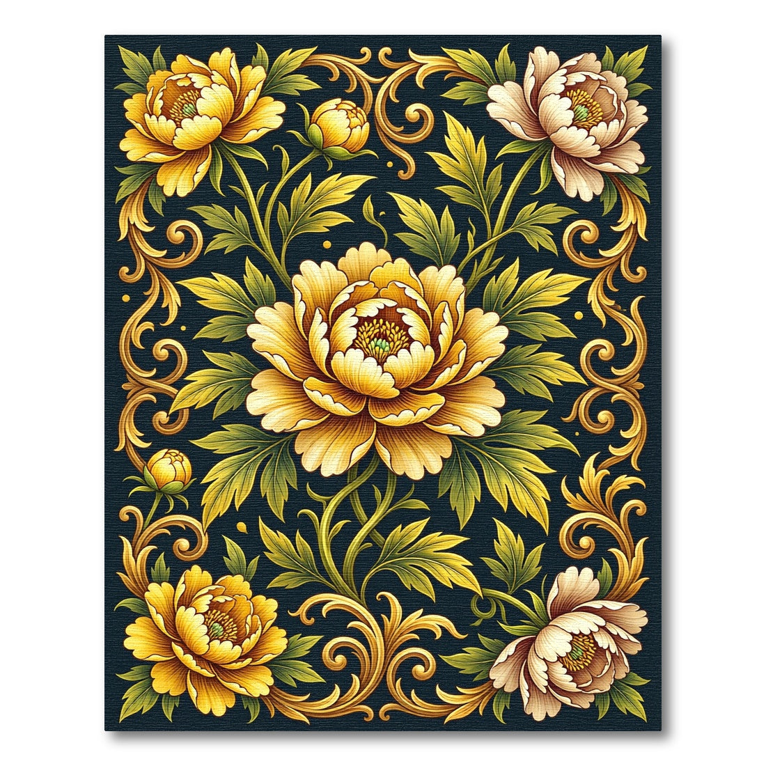 Golden Peonies with Baroque Scrollwork Rug