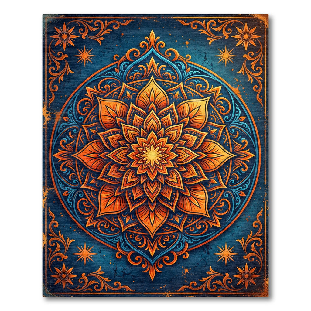 Golden Floral Mandala on Navy Blue Rug