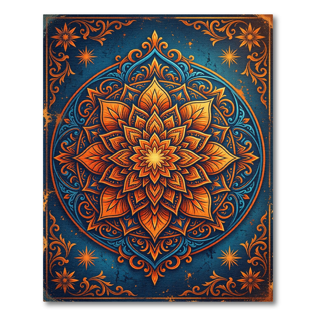 Golden Floral Mandala on Navy Blue Rug