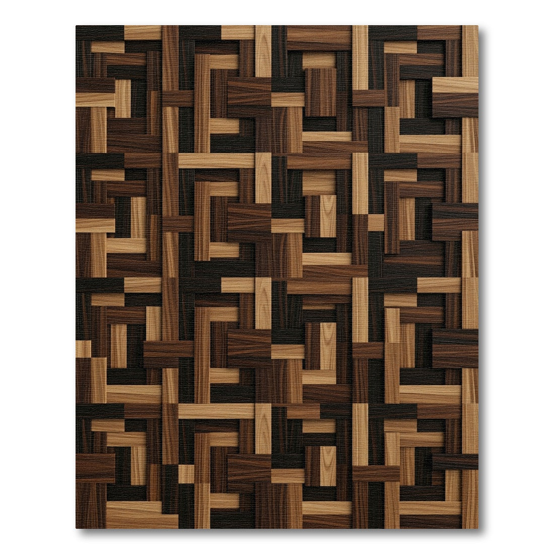 Interlocking Walnut and Oak Geometric Blocks Rug