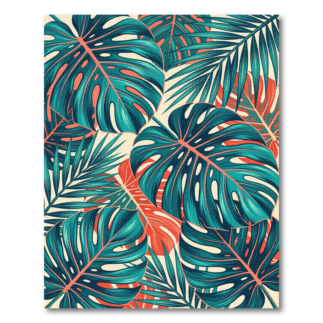 Tropical Teal and Coral Monstera Leaf Rug