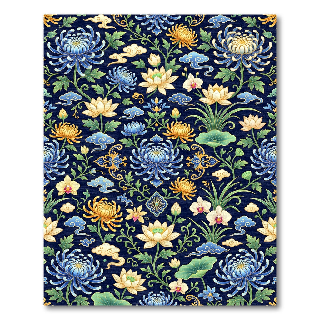 Chinoiserie Navy Lotus Chrysanthemum Floral Rug