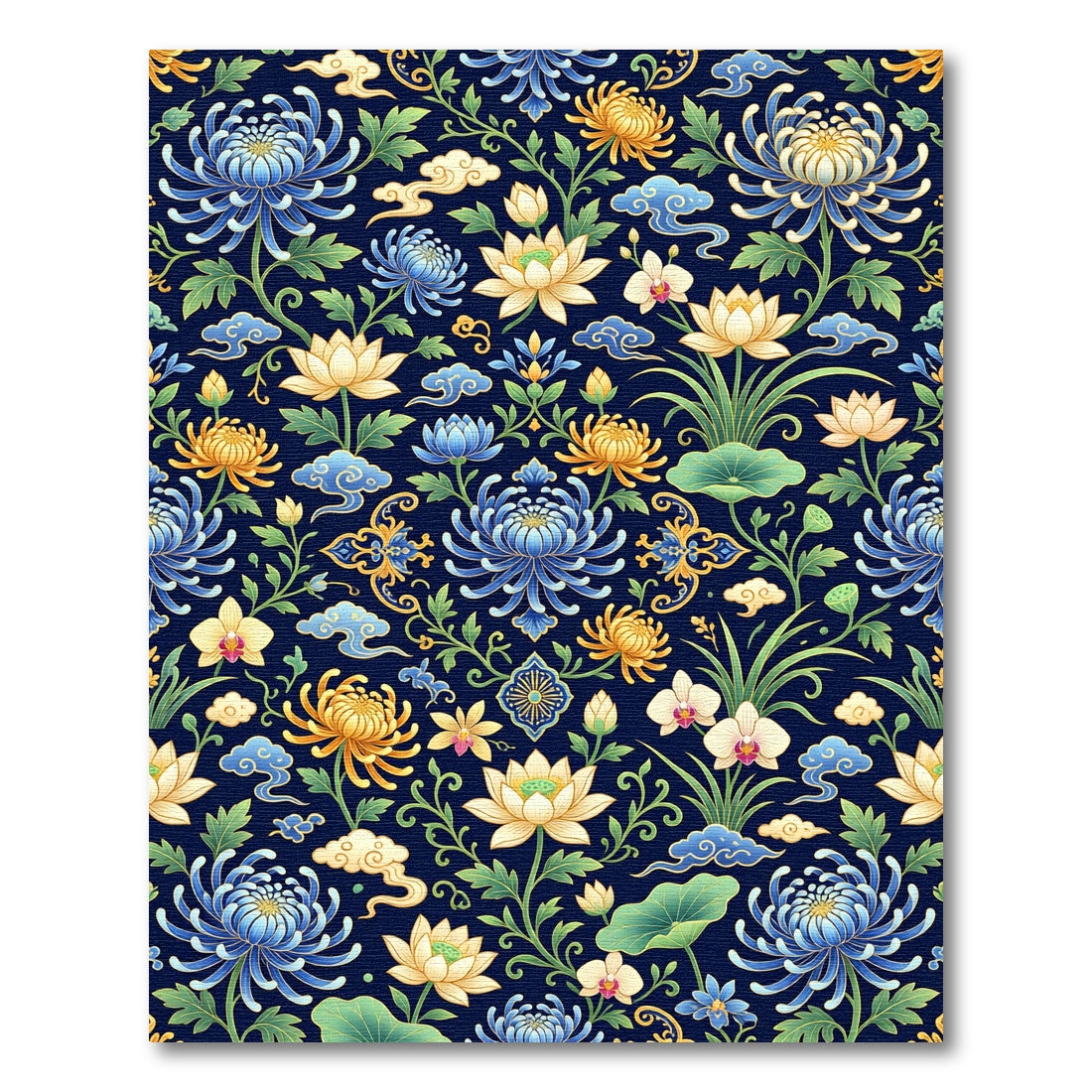 Chinoiserie Navy Lotus Chrysanthemum Floral Rug