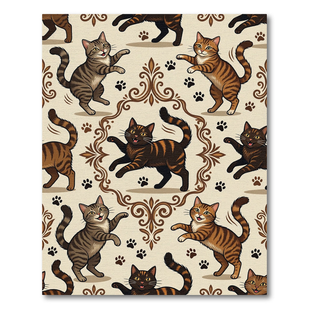 Playful Feline Victorian Damask Illustration Rug