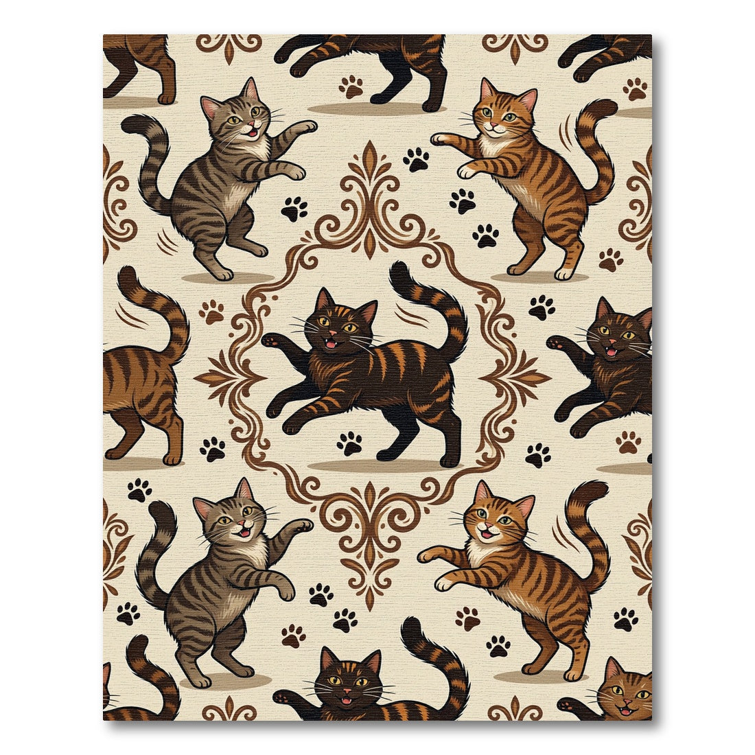 Playful Feline Victorian Damask Illustration Rug