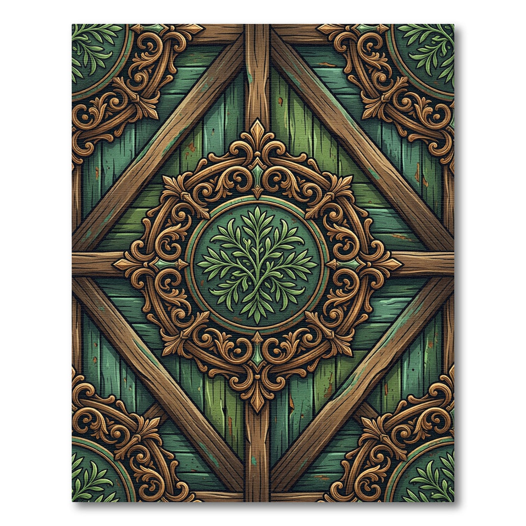 Ornate Emerald Green Wooden Filigree Medallion Rug
