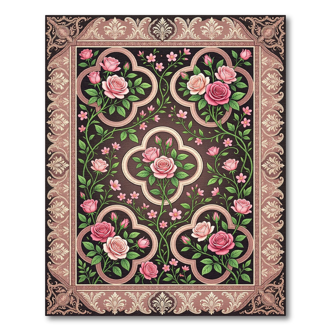 Elegant Rose Garden Framed Floral Tapestry Rug