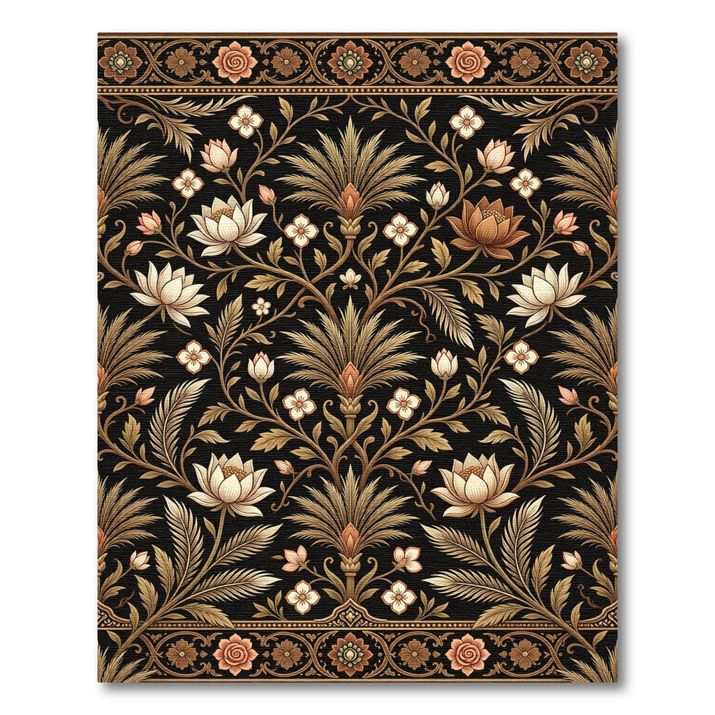 Elegant Black and Gold Lotus Floral Rug