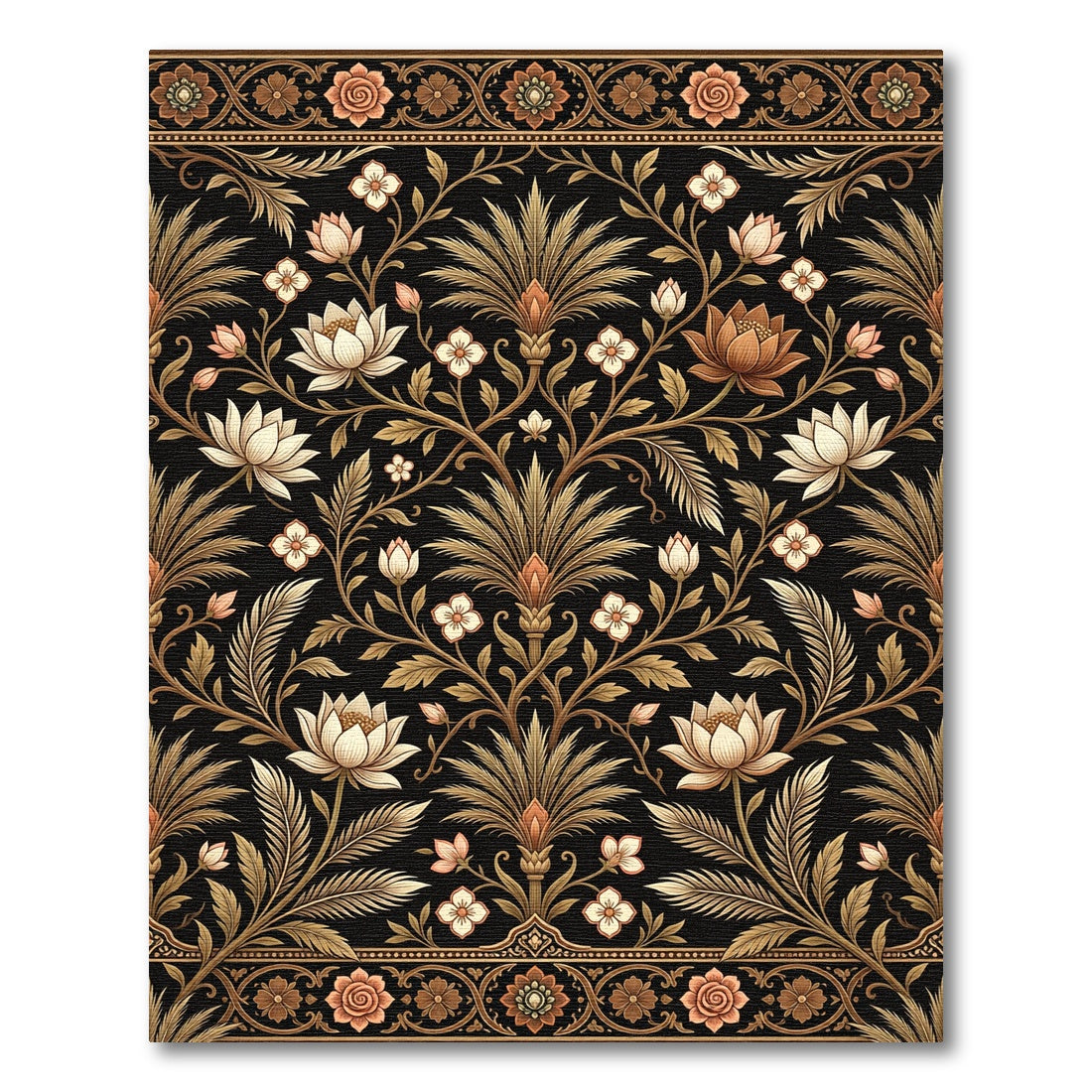 Elegant Black and Gold Lotus Floral Rug