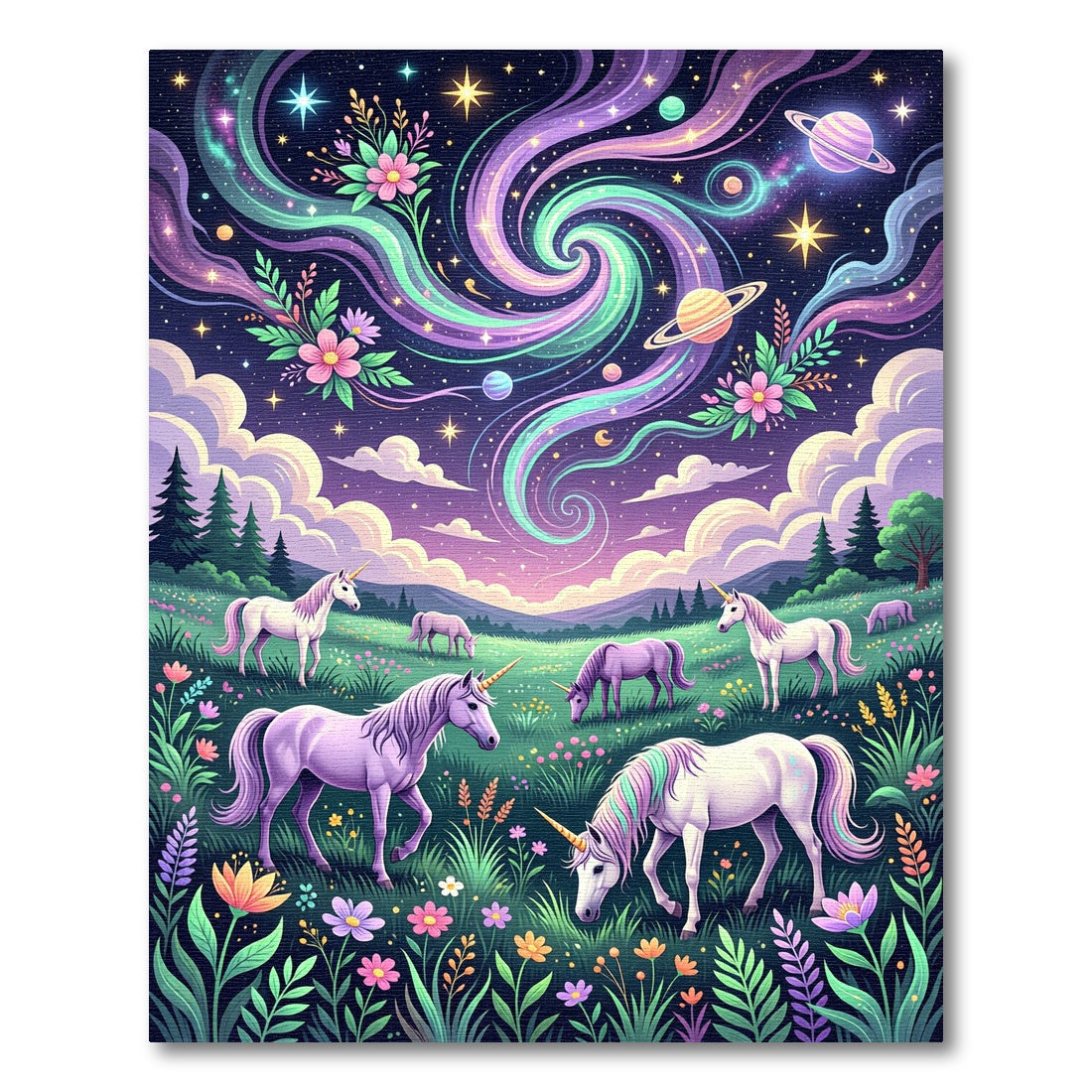 Whimsical Cosmic Unicorn Meadow Galaxy Rug