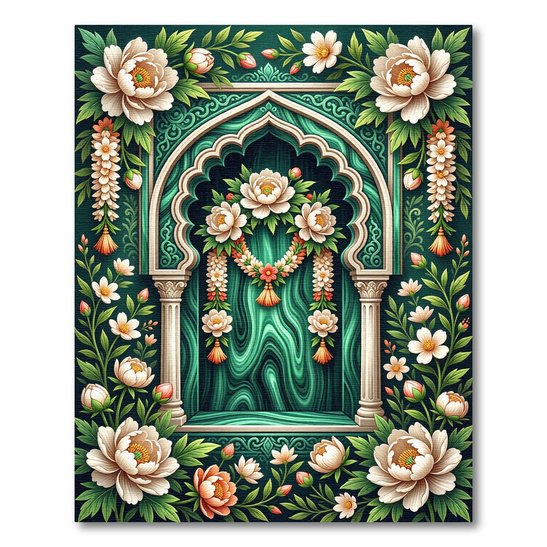 Emerald Peony Floral Arch Garden Rug