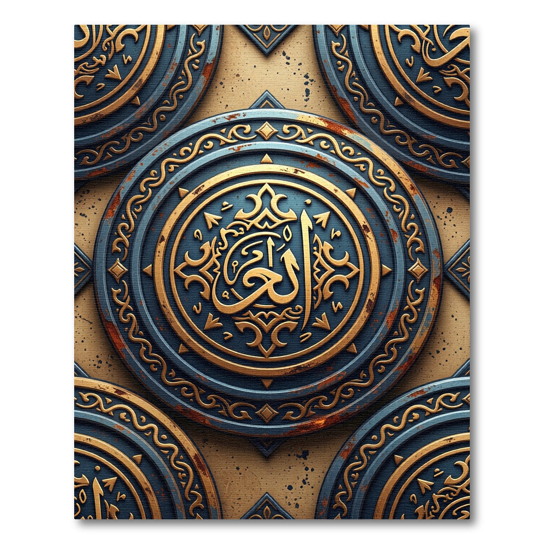 Antique Gold Blue Circular Emblem Rug